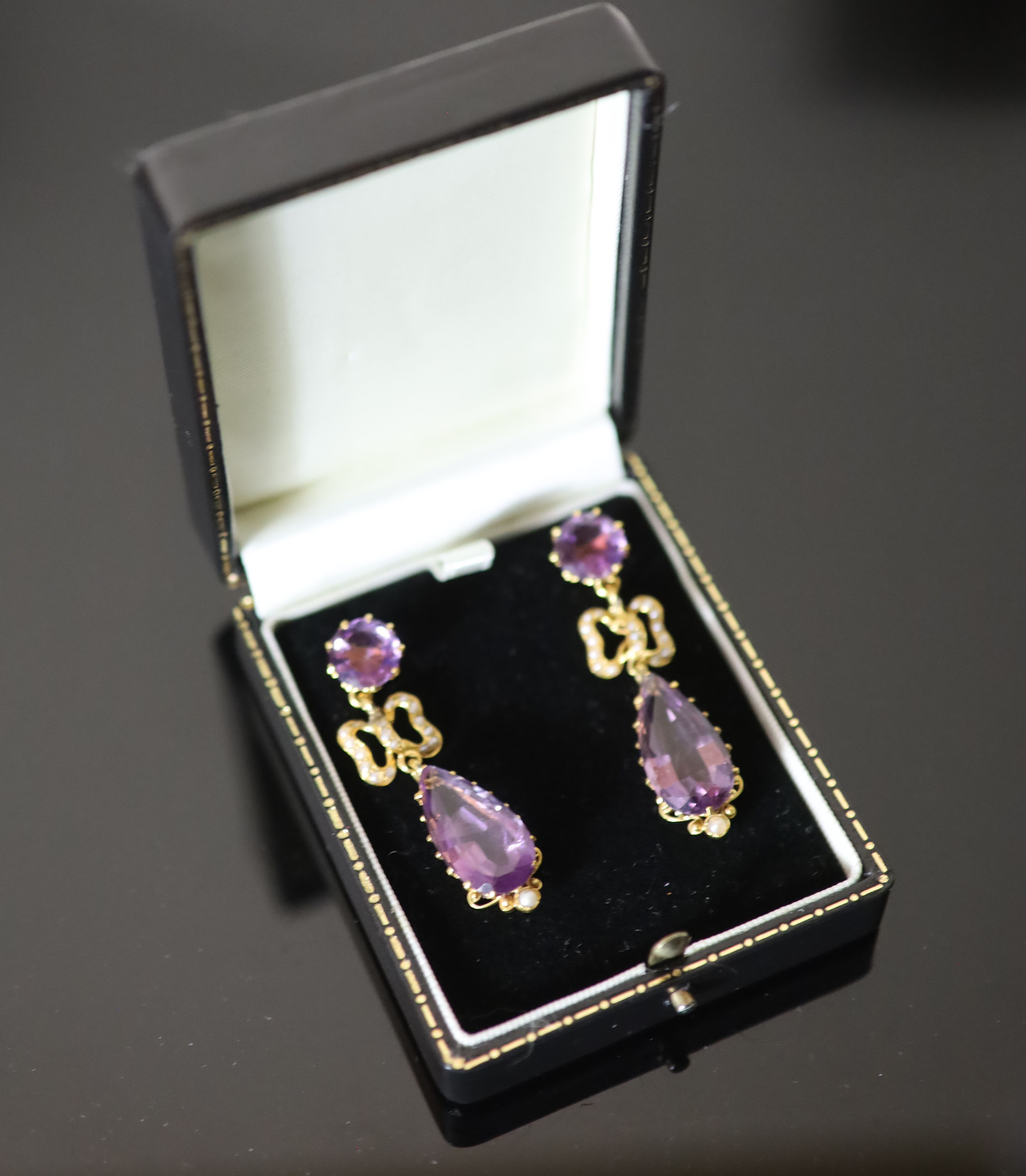A pair of Victorian style gold, pear and round cut amethyst and seed pearl cluster set drop earrings,
